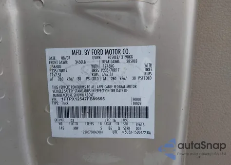 2007 Ford F-150 Lariat/Stx/Xl/Xlt from USA, damaged, VIN 1FTPX12547FB89655